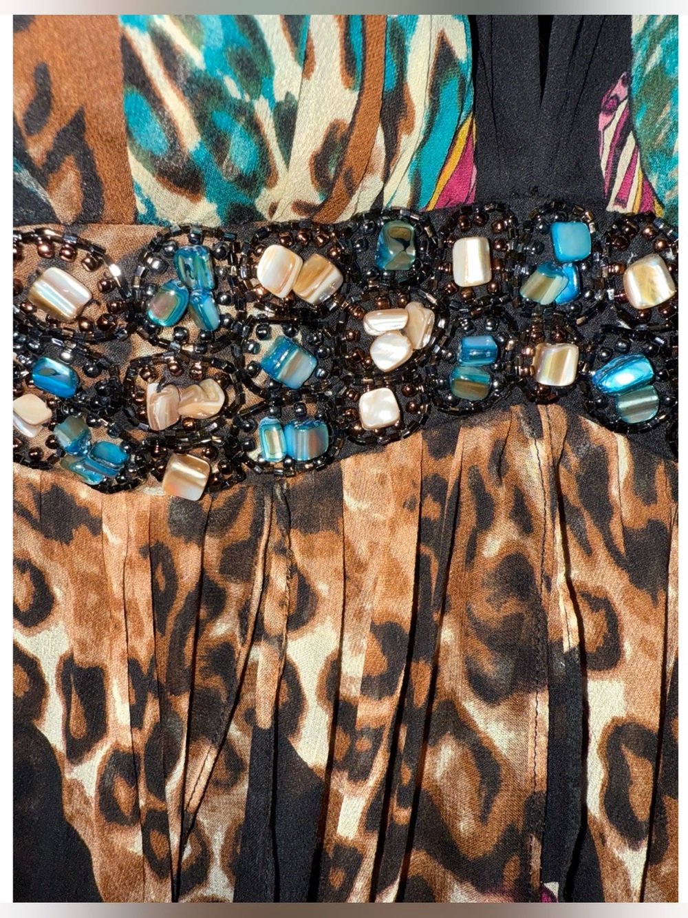 JOVANI 100% Silk Beaded Animal Print Handkerchief Hem Maxi Dress - Picture 9 of 10